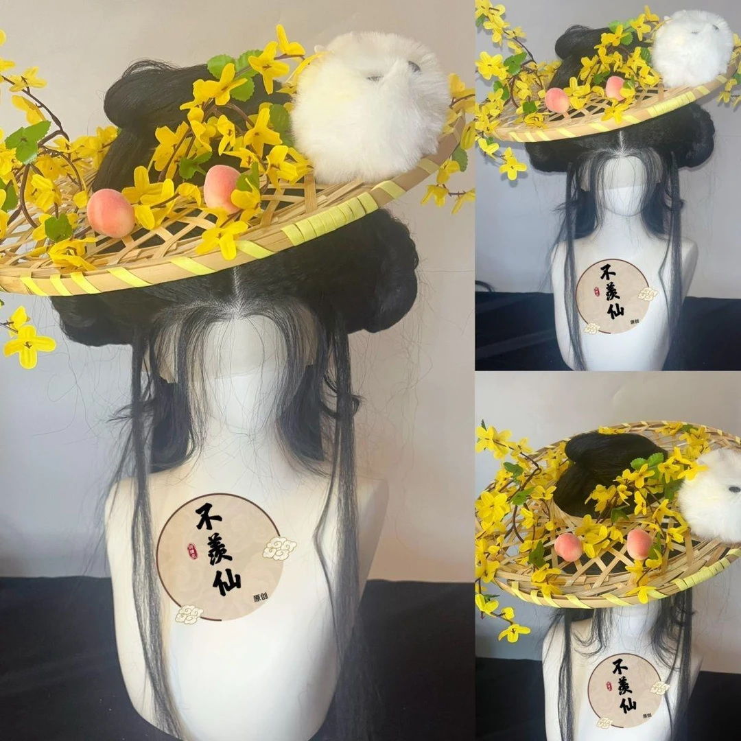 原创爆款桂花兔绢花桃中秋斗笠帽子头饰发饰超仙汉服配饰A古风cos