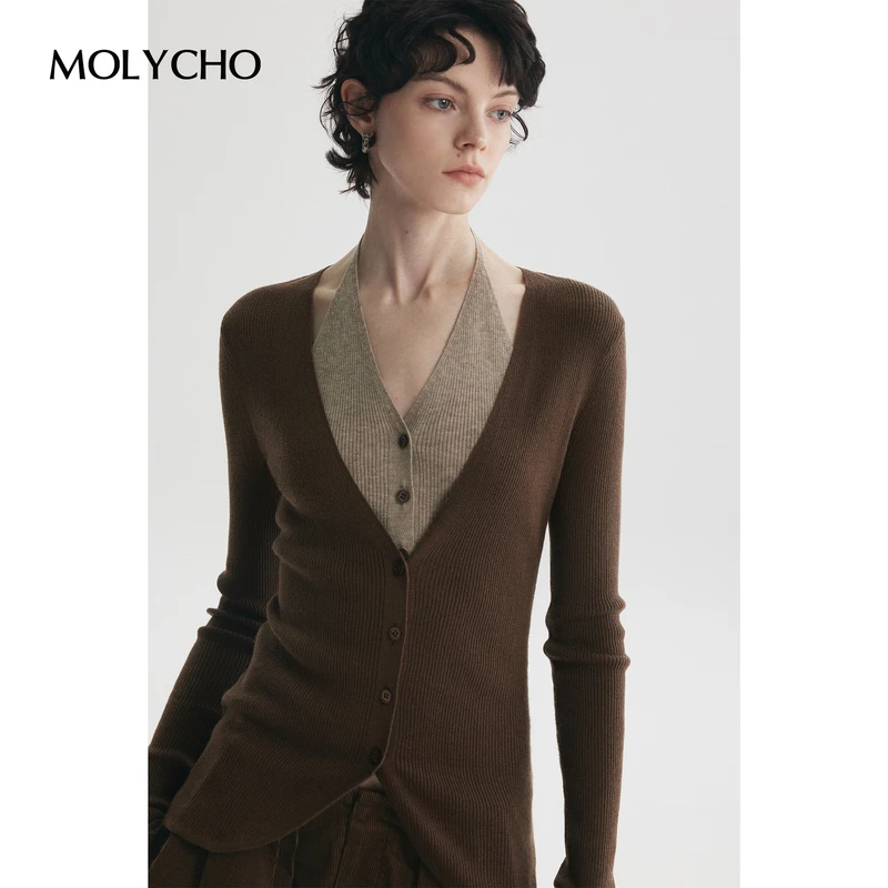 MOLYCHO｜时髦撞色_复古长袖针织开衫女_修身假两件V领毛织上衣