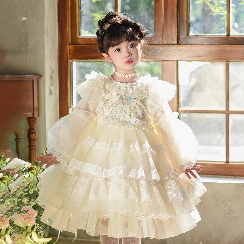儿童秋季连衣裙 2025洋气新款女童长袖气质网纱珍珠公主裙子