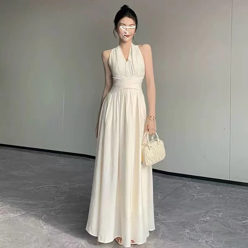 超大裙摆法式无袖长款连衣裙春夏V领收腰旅游晚宴长裙洋气夏款