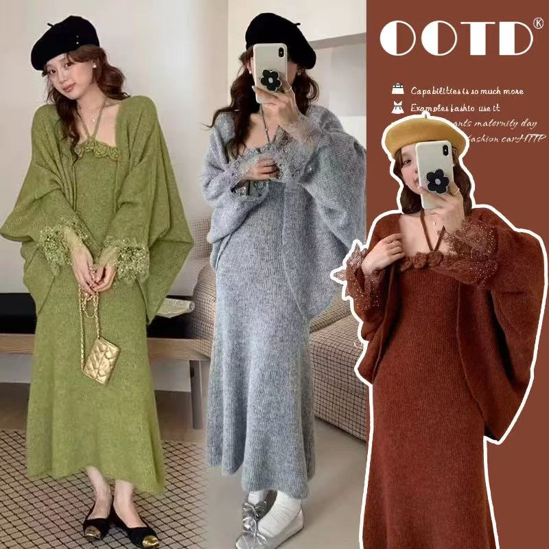 秋季孕妇装时髦洋气秋冬件套时尚小清新针织连衣裙孕妈高级感穿搭
