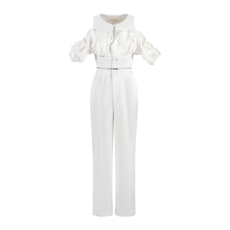 MAGGIE MA马婧设计师款时尚法式气质露肩泡泡袖修身连体裤523P