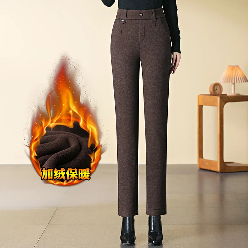 修身显瘦休闲直筒裤妈妈春秋冬季加绒加厚时尚气质减龄高腰法棍裤