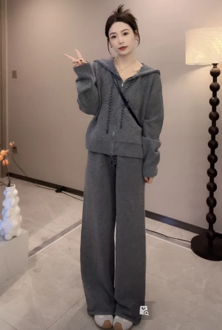 【杨二迪专属】羊毛混纺慢跑套装上衣+休闲裤预显瘦宽松秋冬慵懒感