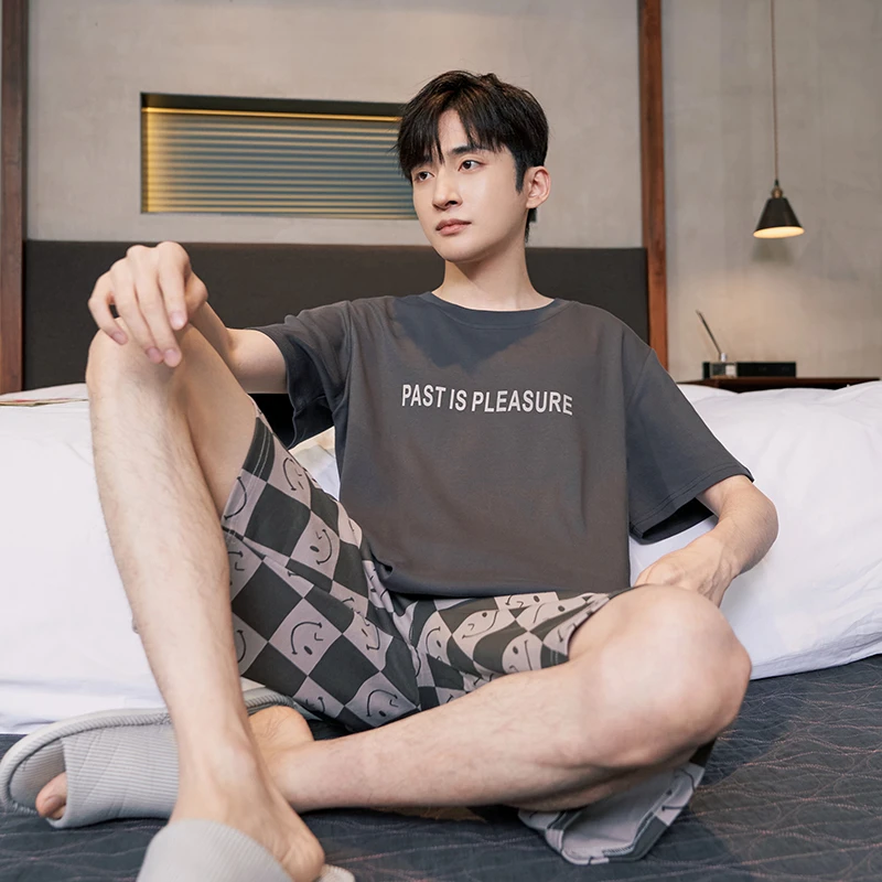 男士睡衣全棉100%纯棉 卡通可爱笑脸短裤短袖两件套男生夏天薄款