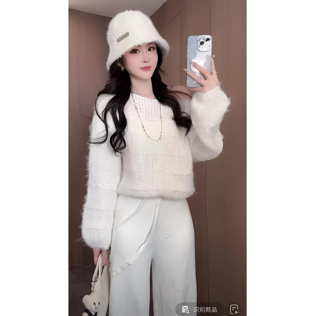 曼曼【织梦星辰~】宽松慵懒圆领套头亮片毛衣女