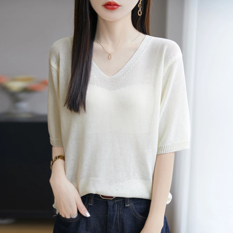 品牌女针织宽松白色气质女V领时尚百搭夏季设计感显瘦薄款