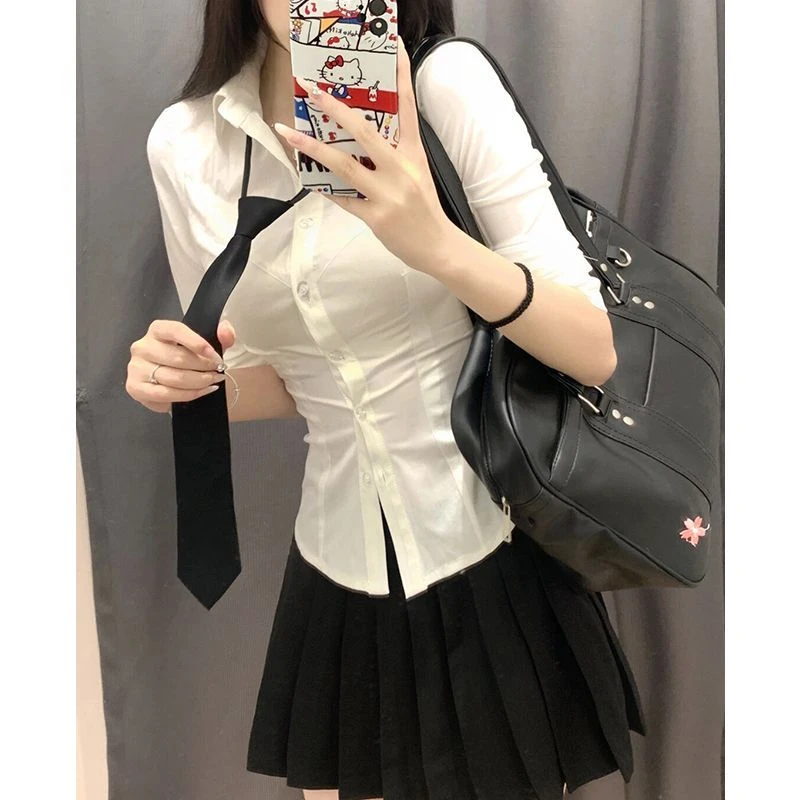鱼骨/辣妹纯欲原创jk制服衬衫春夏学院风女短袖白色长袖收腰衬衣