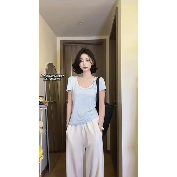 m短袖t恤女夏季2025新款白色低领百搭大U领锁骨上衣长裤套装