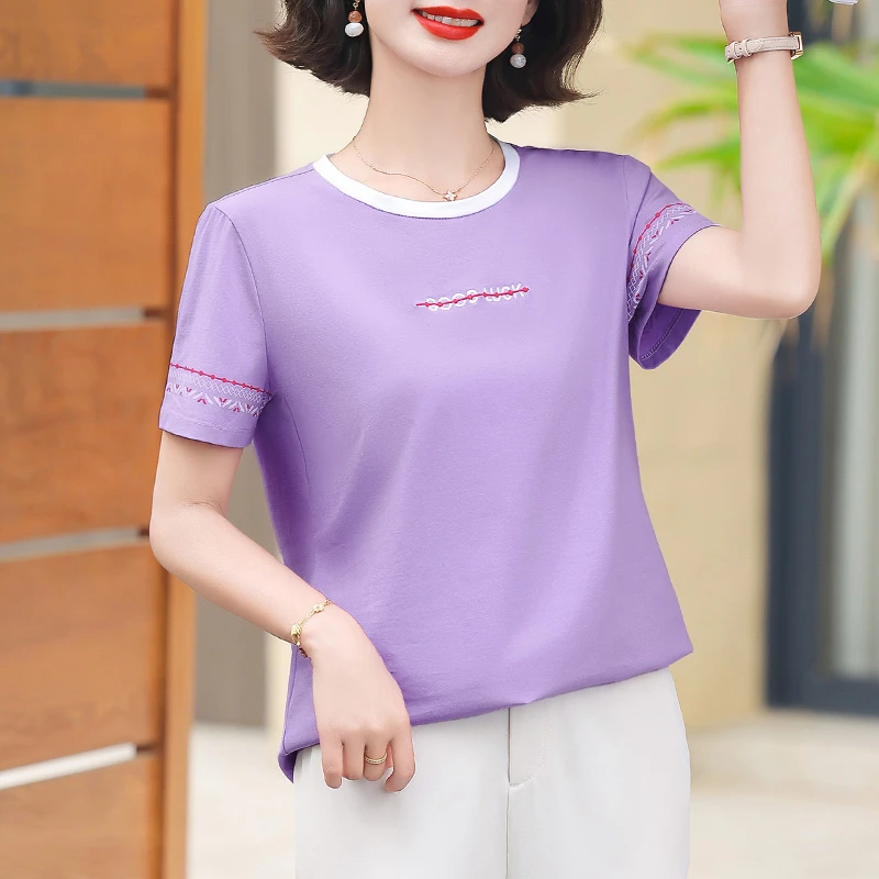 精梳棉新中式刺绣圆领短袖t恤女夏季2025新款时尚妈妈装高档上衣
