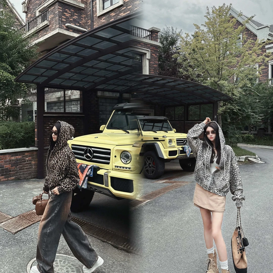 姗蔓深圳原版/169板栗可可~韩里韩气豹纹连帽夹克外套