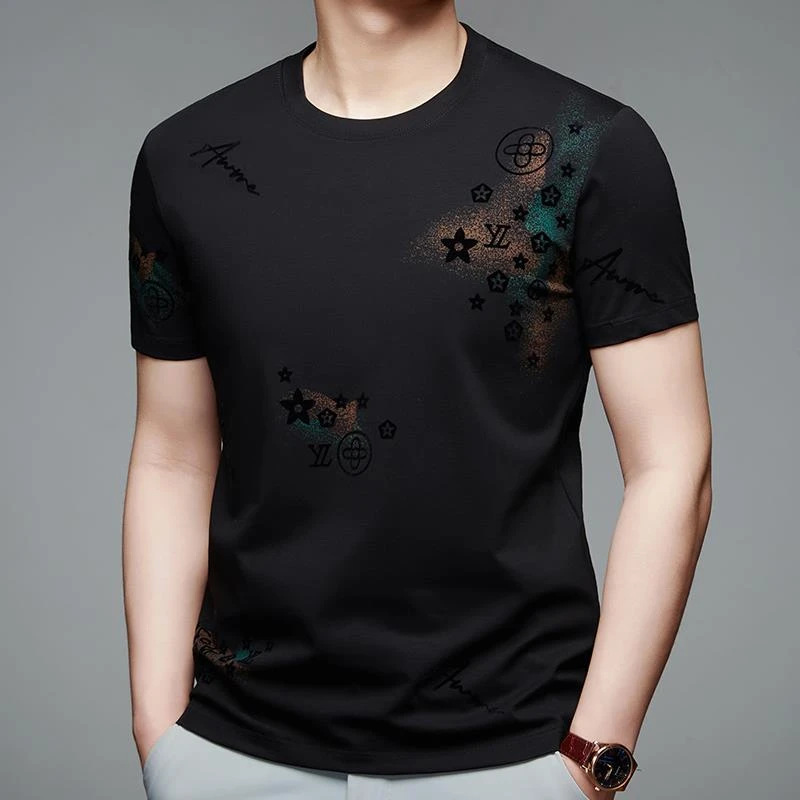 短袖T恤男士夏季圆领植绒印花上衣中年潮牌男装半袖体恤