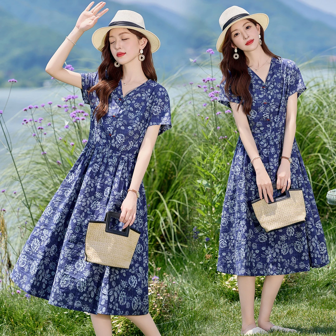 2025年夏季优雅气质中长款印花系带连衣裙时尚潮流