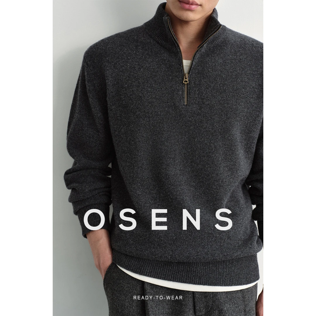 OSENS男装 100%美丽诺羊毛半开襟拉链立领合体版针织羊毛衫上衣冬
