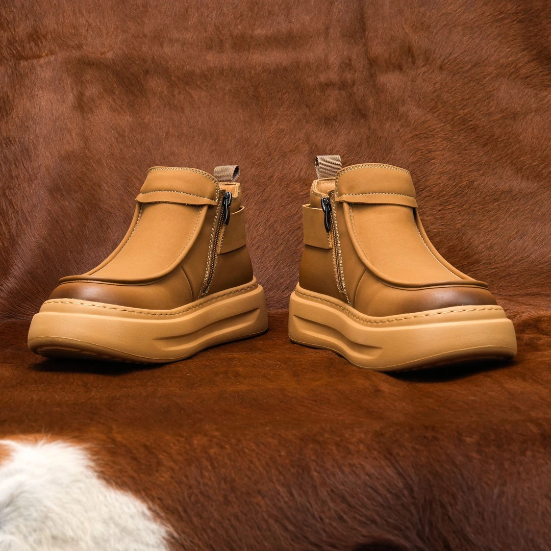 2025冬季男士烟筒靴工装靴真皮高帮潮鞋内增高马丁靴加绒保暖棉鞋