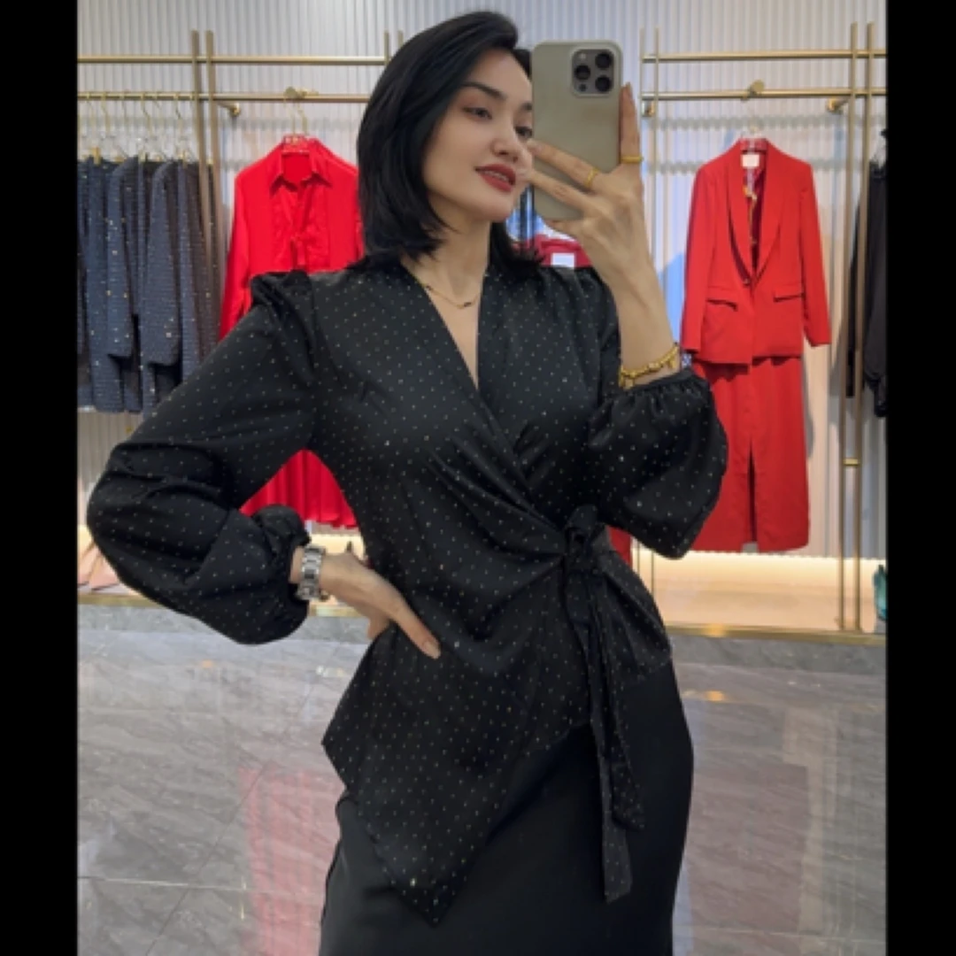 波点缎面飘带衬衣光泽感气质V领宽松设计上衣