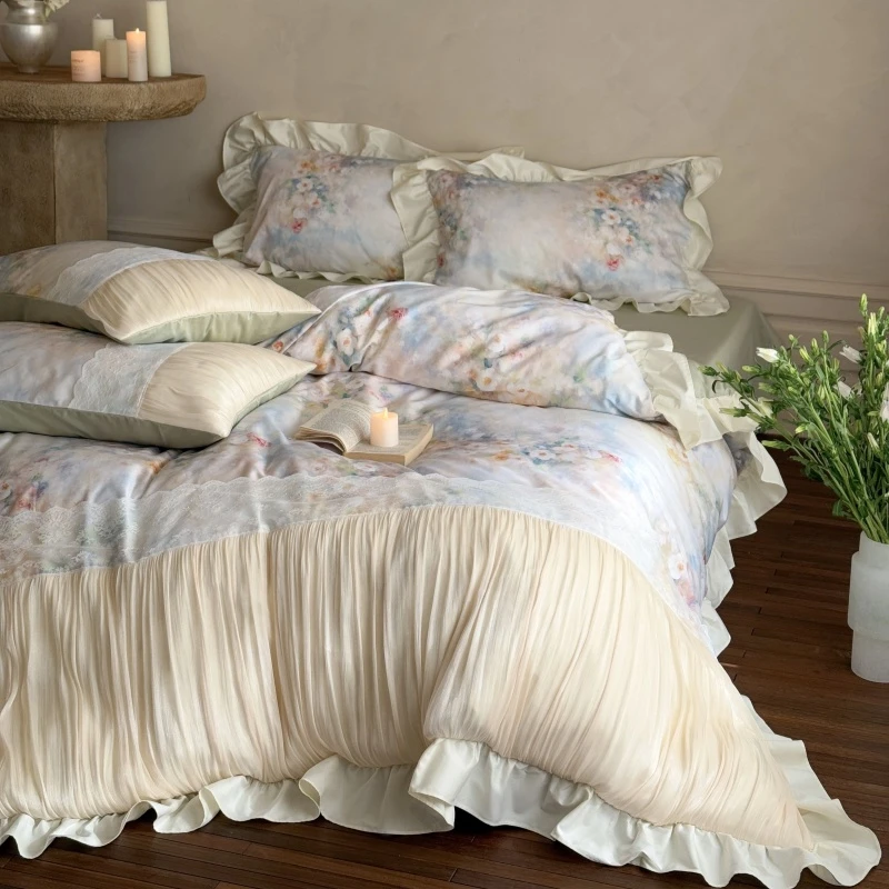 油画风全棉长绒棉四件套少女心花卉印花鎏金纱边被套床上用品绿色