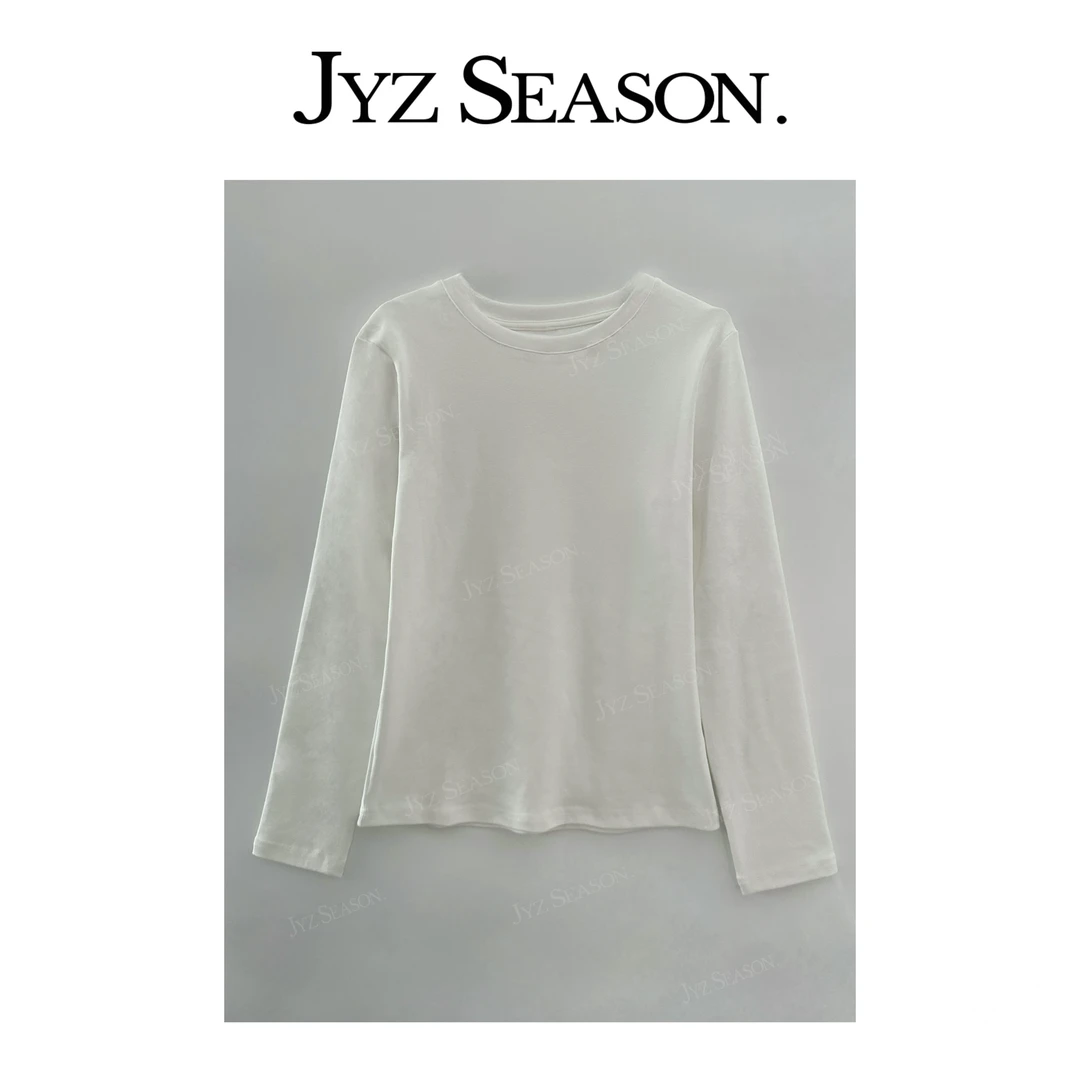 JYZSEAON. 纯色圆领性感风透气拼接长袖T恤轻奢时尚简约