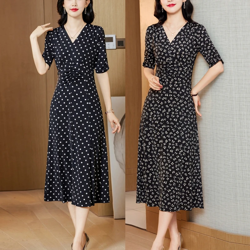 名媛女式波点印花连衣裙新款V领气质遮肚修身显瘦A摆中长裙