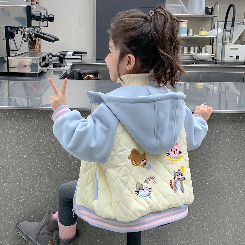 女童夹棉外套2025新款秋冬款女宝宝加厚上衣冬季洋气儿童连帽冬装