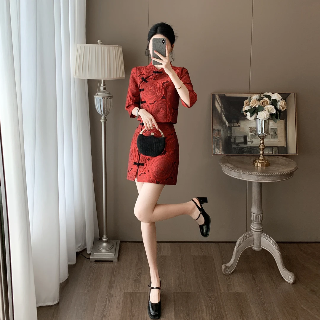 新中式时尚套装女2025秋新款短裙包臀七分袖蕾丝气质高级感两件套