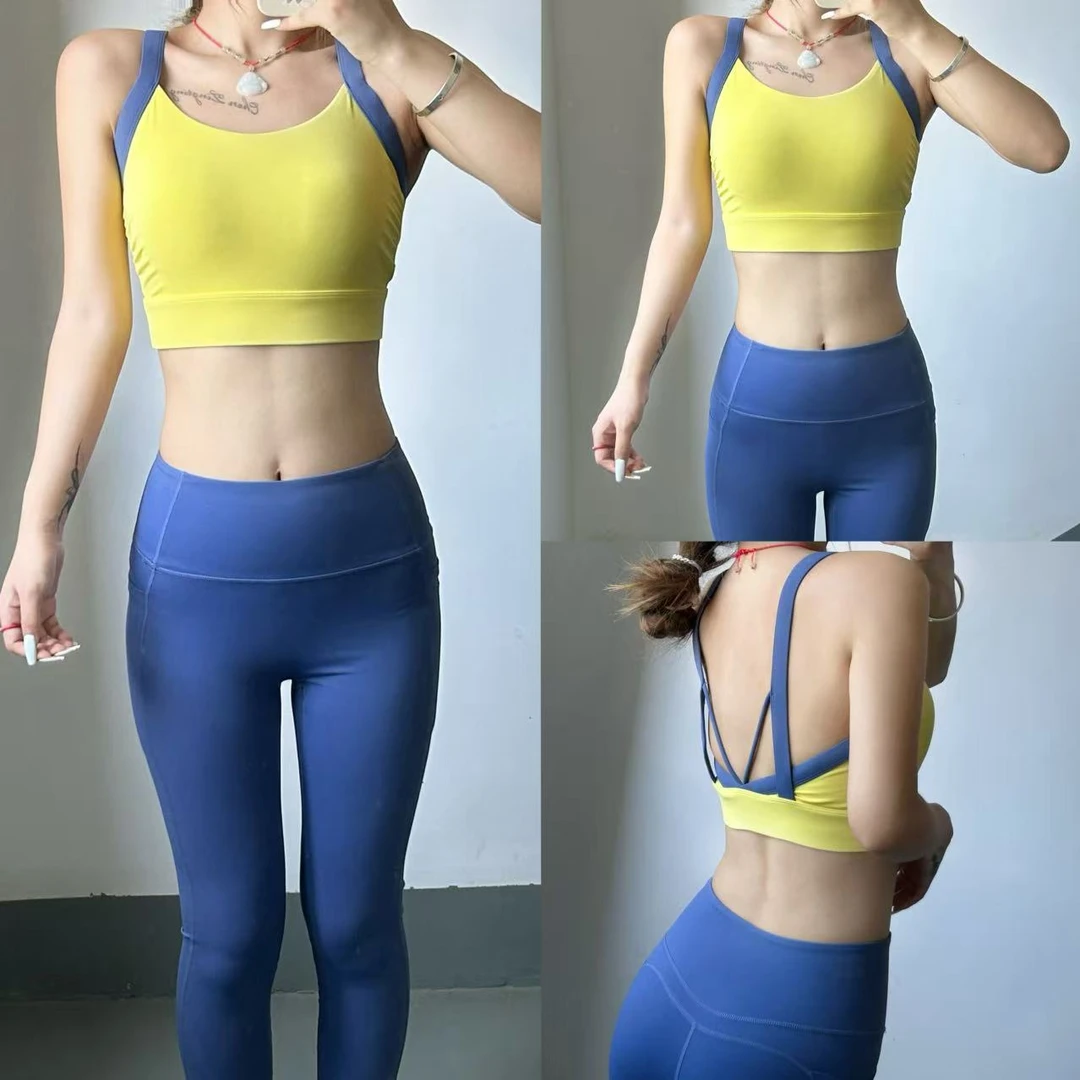 高强度拼色交叉美背一体收副乳防震运动内衣女速干高腰提臀健身裤