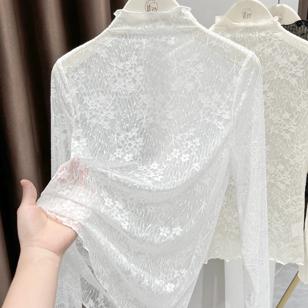 白色独特别致蕾丝打底衫女秋季新款高级感半高领提花内搭网纱上衣