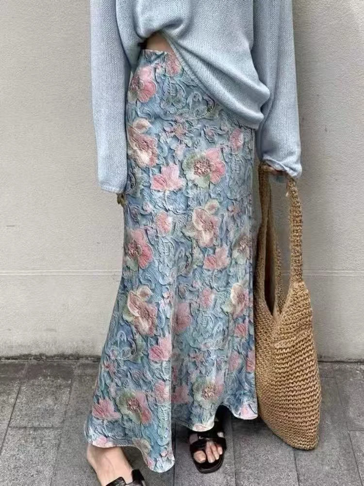 温柔油画风晕染印花2025年夏季新款碎花包臀鱼尾裙半身裙（985）