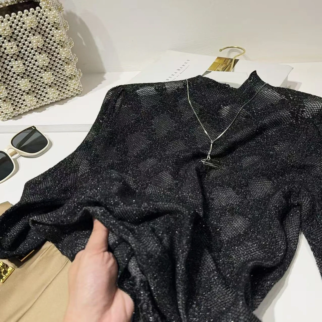 桑蚕丝天丝纱线~胸92-140长58泡泡袖提花亮丝毛针织上衣 9393