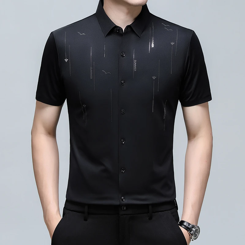短袖男衬衫夏季无痕高弹力免烫轻奢高档休闲抗皱时尚薄款衬衣男士