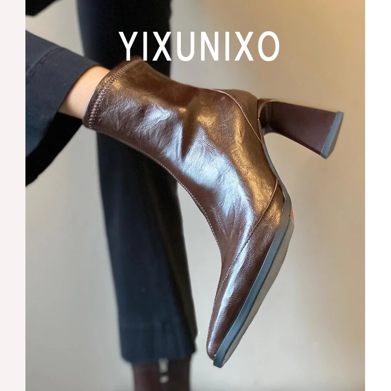 羊皮版~法式瘦瘦靴女气质时尚尖头短靴高跟百搭粗跟后拉链马丁靴