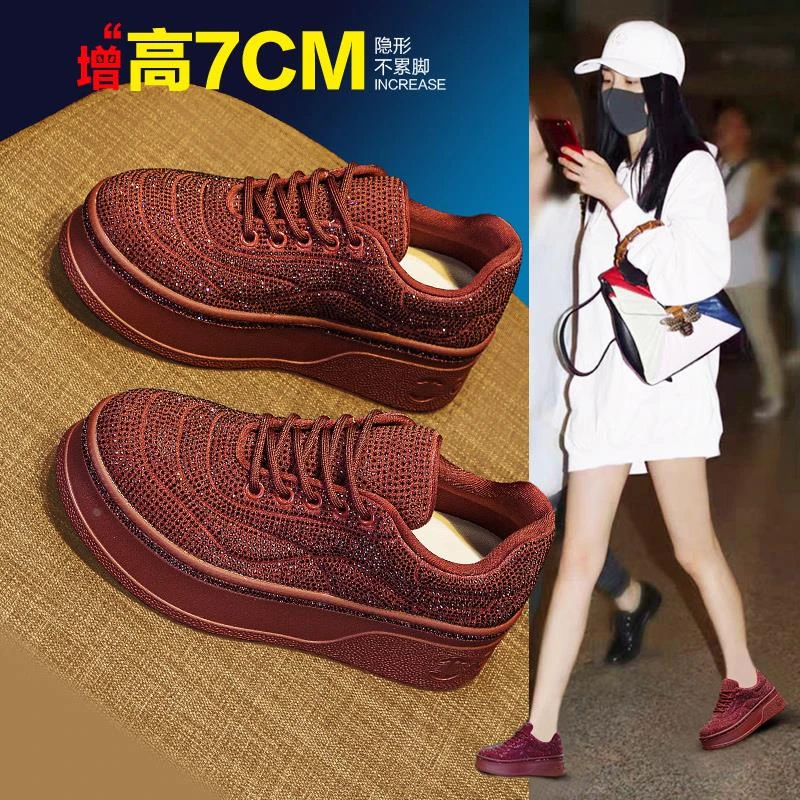 复古厚底德训鞋女红色2025秋季新款轻便百搭小个子增高休闲松糕鞋