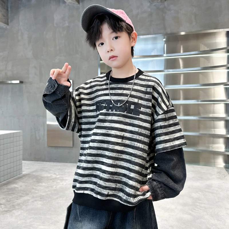 男童春秋款黑色条纹打底衫2025新款中大童宽松休闲卫衣假两件上衣