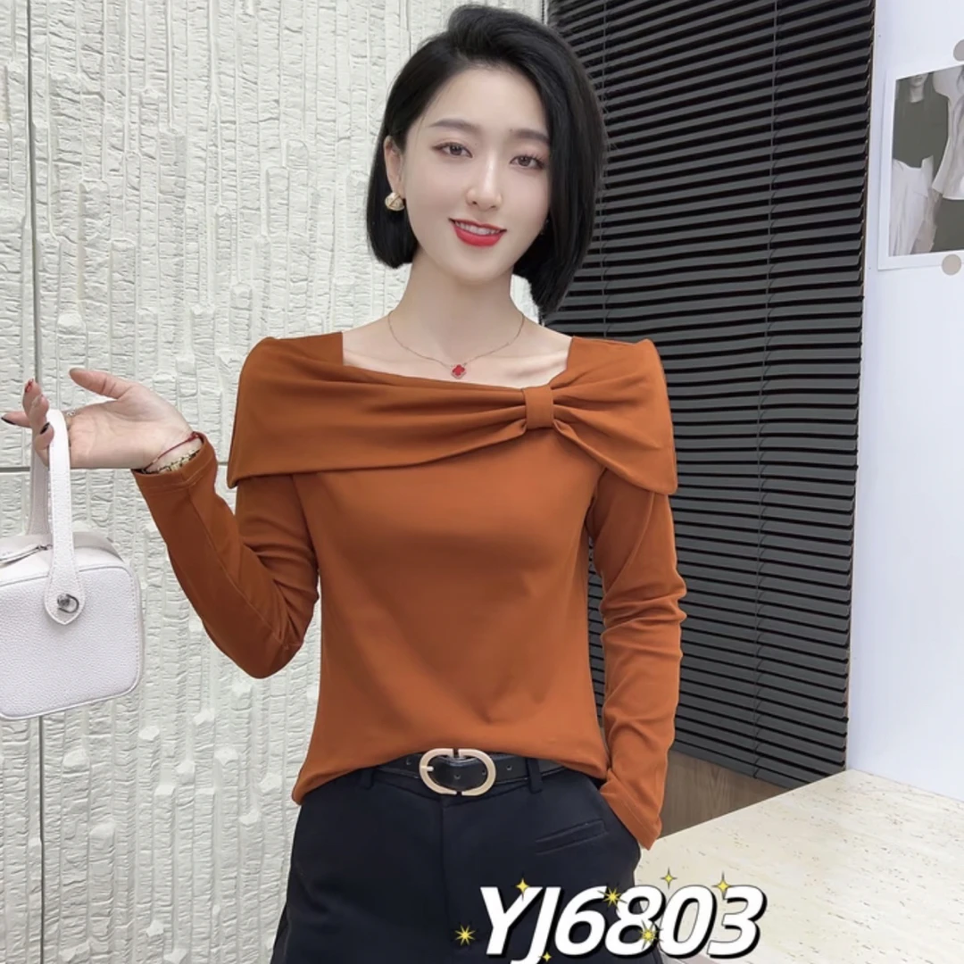 2025新品秋款设计感网红炸街时尚百搭洋气方领长袖T恤上衣女#6803