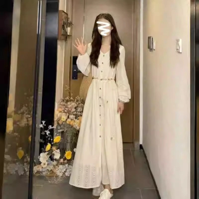 法式温柔风V领泡泡袖连衣裙女早秋季新款刺绣镂空高级感气质长裙