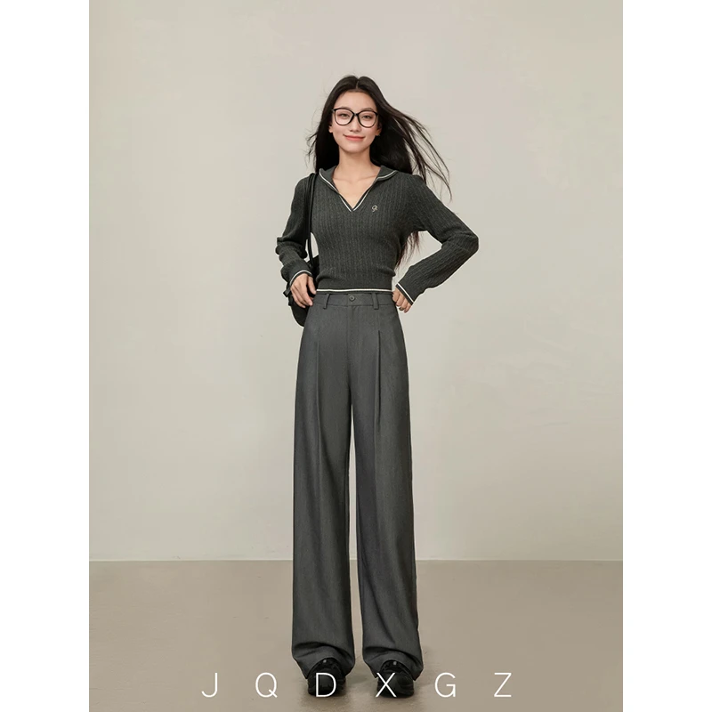 崛起的小个子灰色西装裤春秋女垂感高级感阔腿裤高腰显瘦休闲裤子