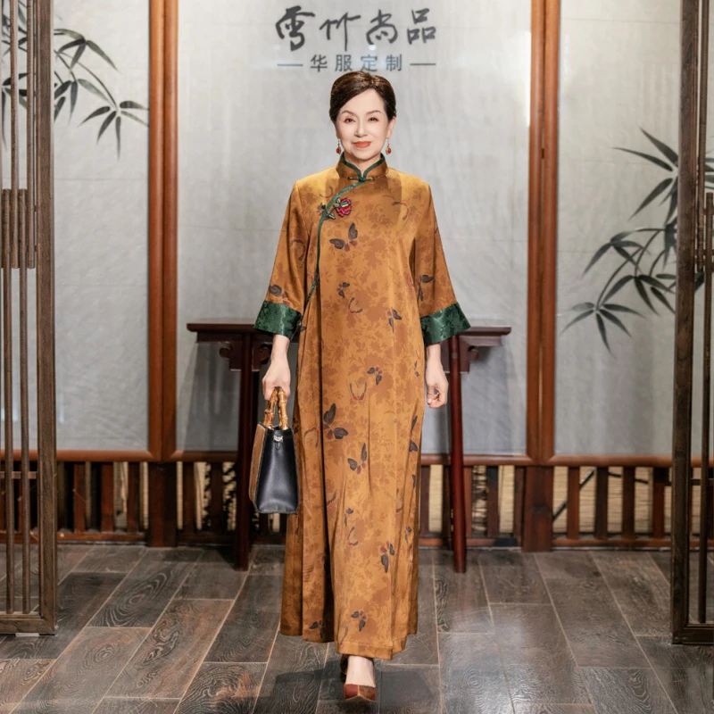 彩蝶 香云纱桑蚕丝中式宽松大袍子HQ1931