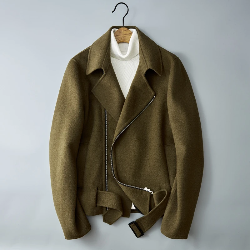 施摩瓦戈双面呢西装短款男羊绒呢子大衣澳洲纯羊毛机车休闲外套潮