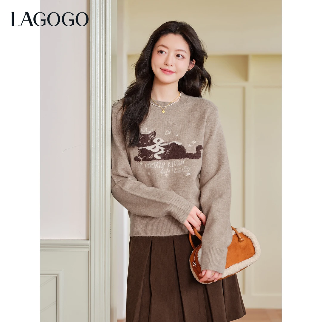 lagogo拉谷谷2025年新款含羊毛驼色小猫松弛感针织女OCMM479G98