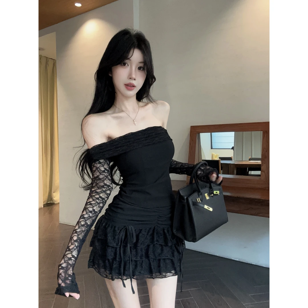 性感纯欲蕾丝网纱拼接一字领上衣高腰褶皱半身裙两件套显瘦气质