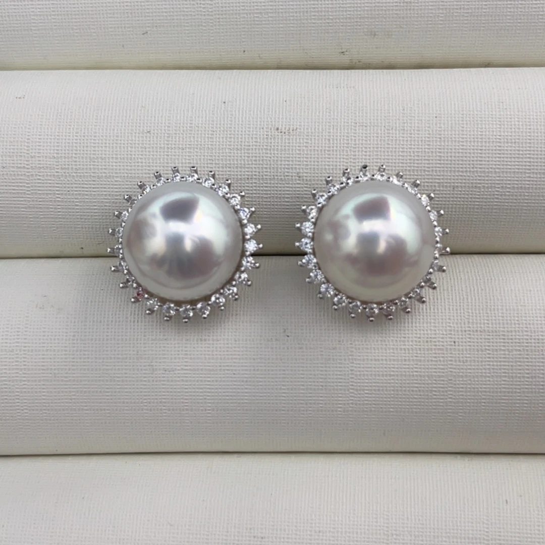 海水珍珠银S925镶嵌耳饰澳白珍珠10-11mm