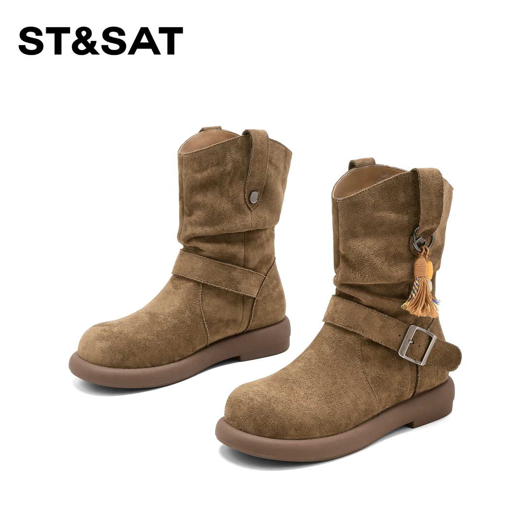 St&Sat/星期六美拉德靴子短靴025新款简约百搭瘦瘦靴流苏时装靴