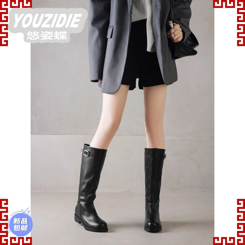YOUZIDIE头层胎牛皮大筒围靴子胖mm粗腿长筒靴女修饰腿型高筒靴