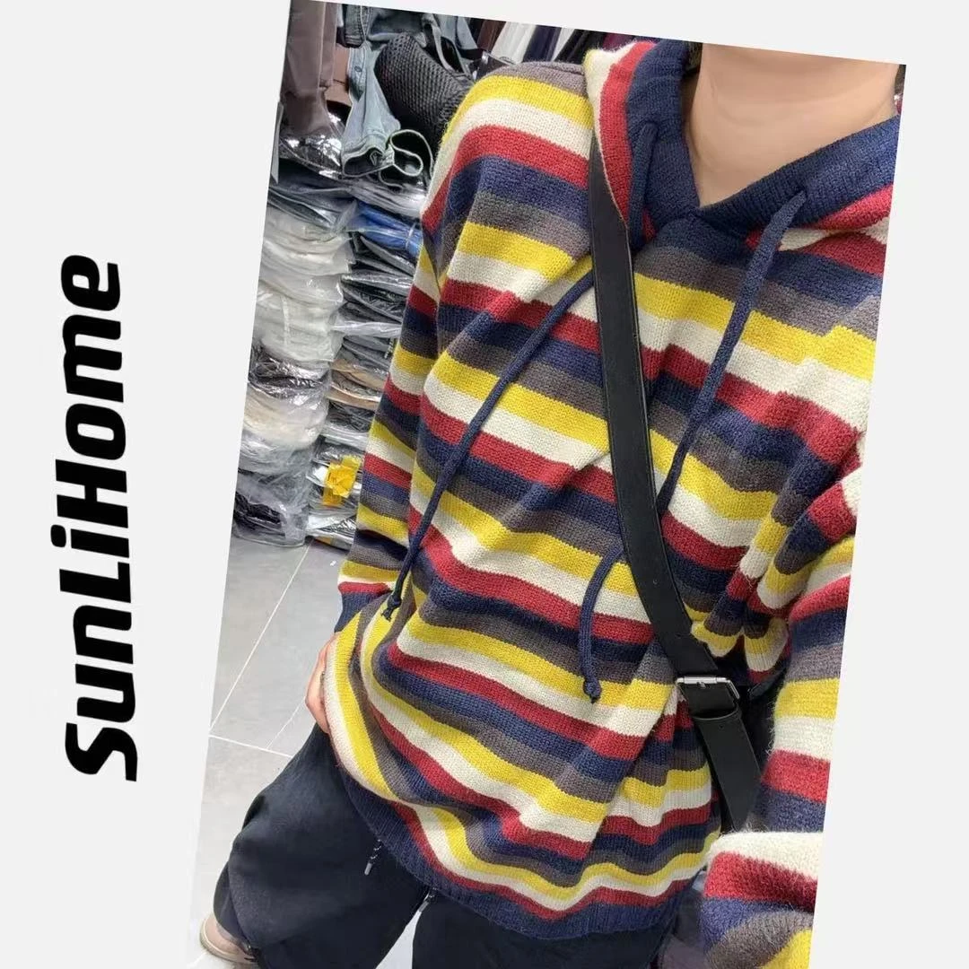 SL-【条纹毛衣】宽松彩虹条连帽毛衣