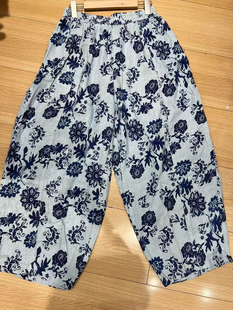 欣益家推荐蓝花花亚麻休闲哈伦裤