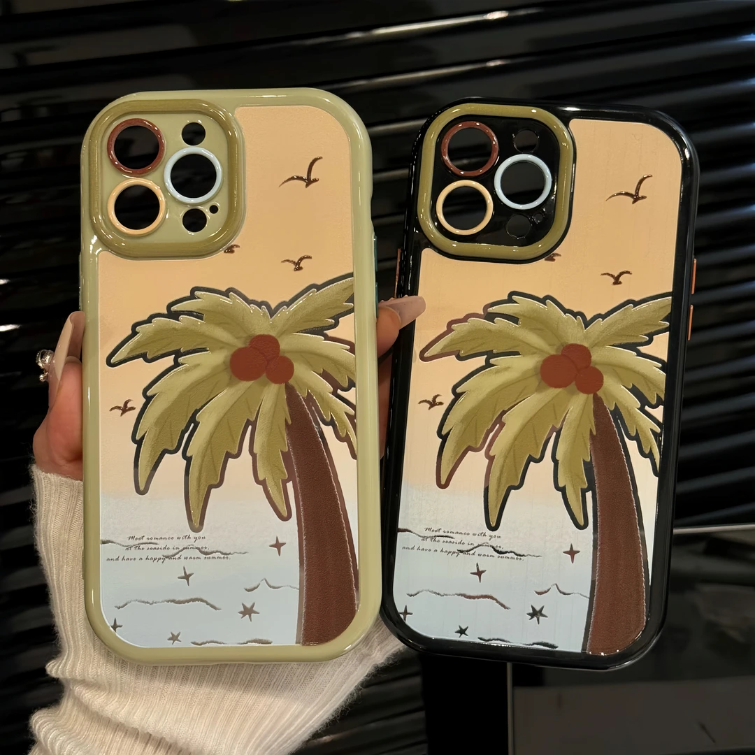 适用苹果16pro创意iPhone15奶油手机壳华为mate70小众ins海边椰树