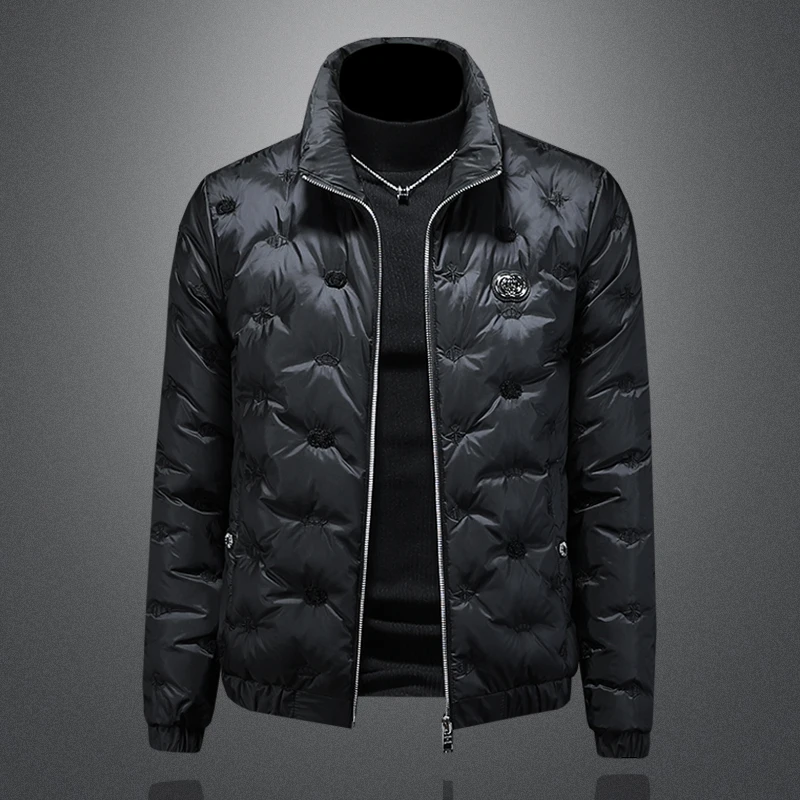 欧洲站立领刺绣羽绒服男百搭个性冬季新款时尚休闲白鸭绒保暖外套
