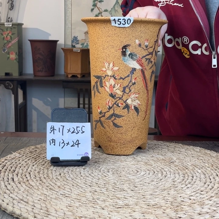 花盆紫砂  柴烧新品绶带鸟手绘高直筒1530