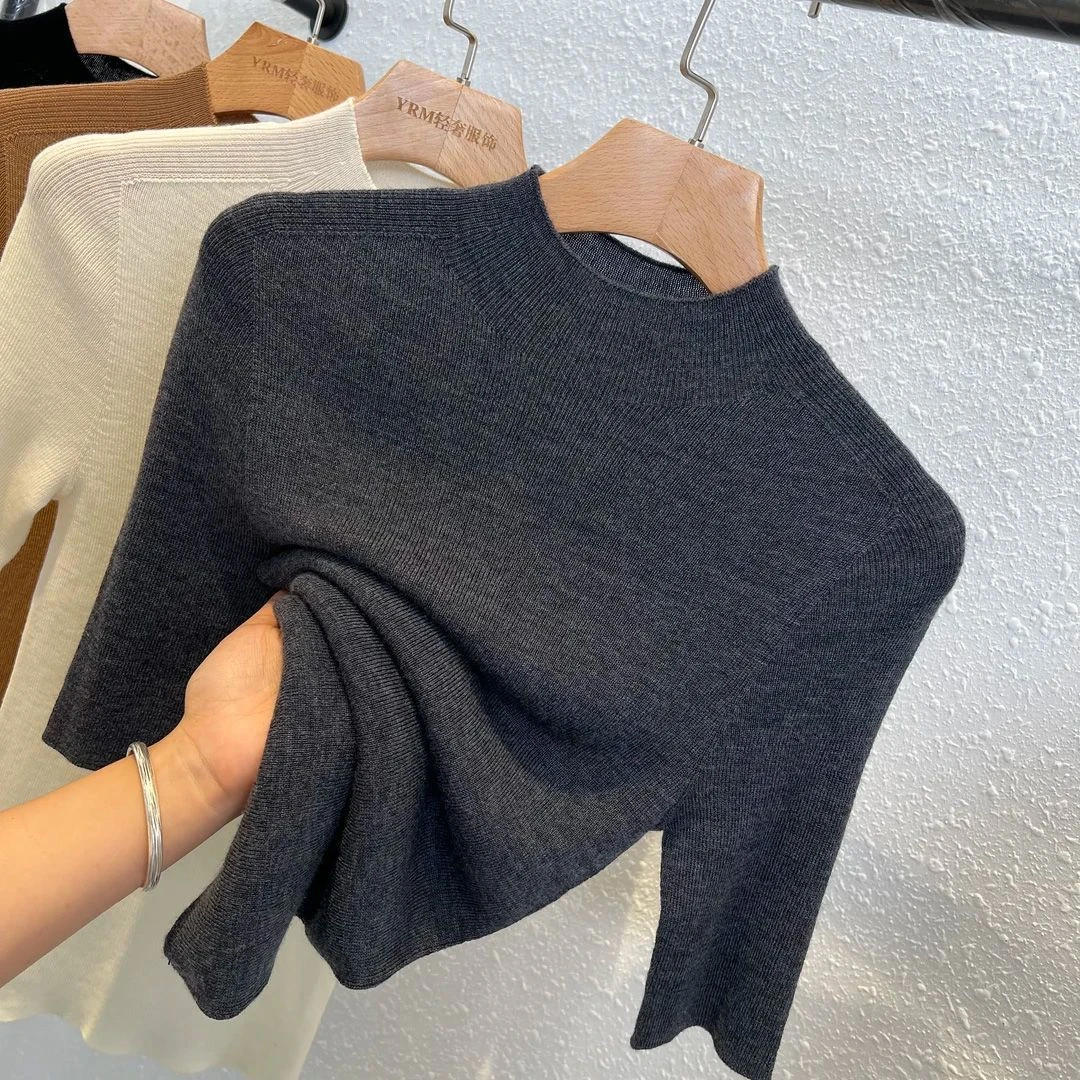正品一线成衣羊毛衫半高领针织衫短袖修身内搭中袖打底衫半袖上衣