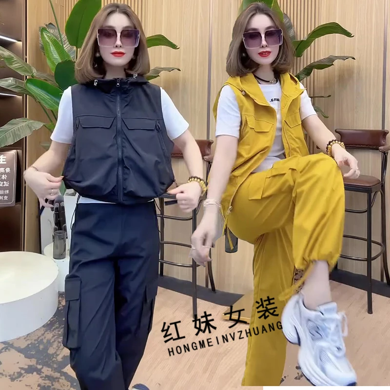 欧货酷飒休闲套装女春秋新款运动风宽松遮肚连帽马甲工装裤两件套